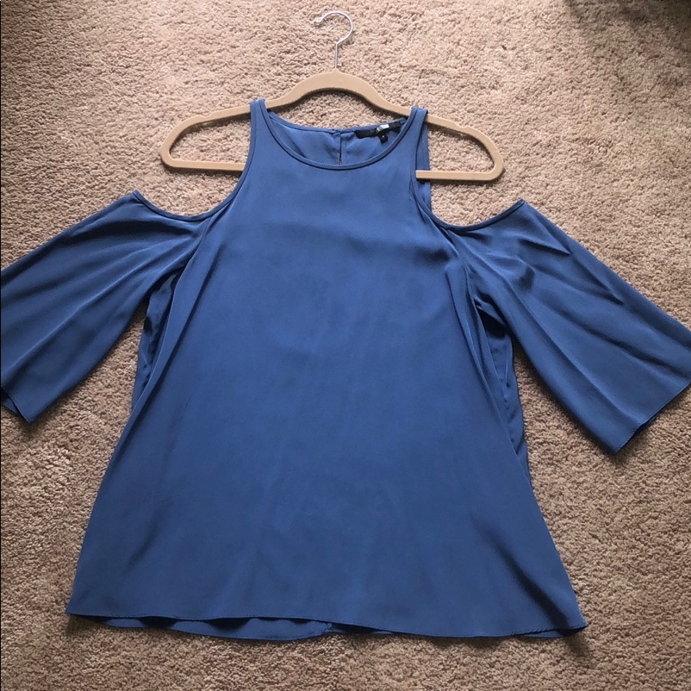 Blue off the shoulder silk shirt